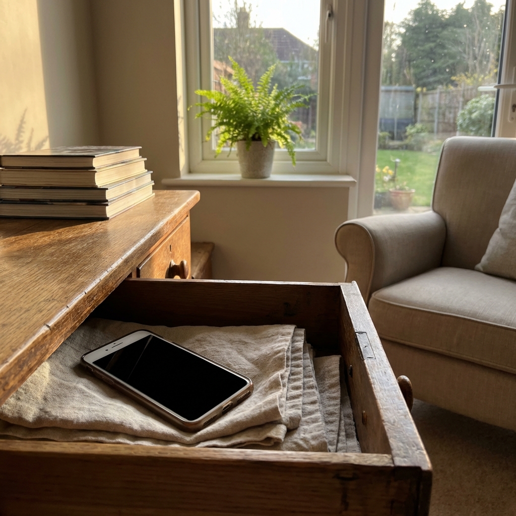 Phone resting in a drawer