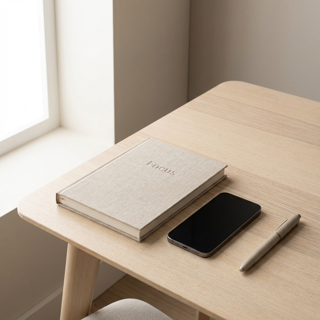Clean minimalist desk with notebook